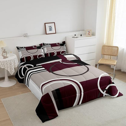 Erosebridal Modern Purple Grey Black Stripe Comforter Set Geometric Down Comforter Full Size Retro Circle Swirls Bedding Set Bedroom Decor Abstract Texture Color Art Duvet Set for Kids Adult
