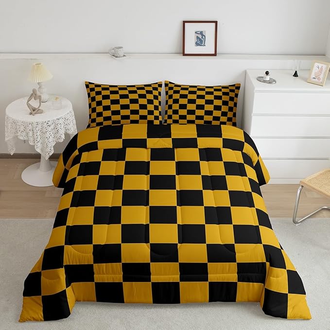 Feelyou Checkered Bedding Set Teen Women Men Yellow Black Plaid Comforter Set Twin Size Kids Boys Girls Cute Retro Neutral Checkerboard Geometric Duvet Insert Vintage Aesthetic Room Decor
