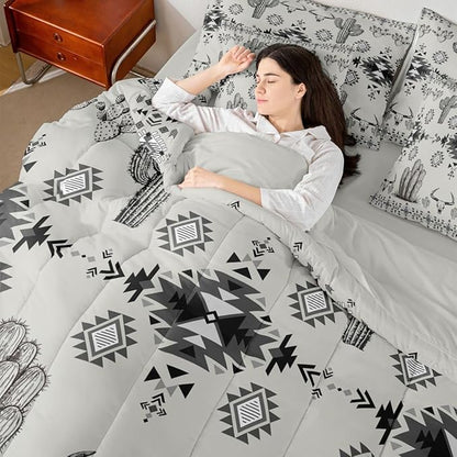 Erosebridal Grey Southwestern Bed in A Bag 7 Pcs Western Aztec Comforter Set for Women Men Country Geometric Vintage Bedding Sets King Rustic Cactus Bull Skull Boho Tribal Sheet Set with Comforter
