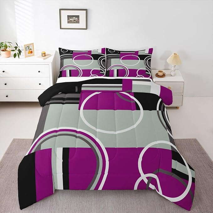 Erosebridal Modern Purple Black Gray Bedding Sets Twin Geometric Circles Swirls Comforter Abstract Striped Quilted Duvet Chic Plaid Checkered Duvet Insert Stylish Texture Down Comforter All Season