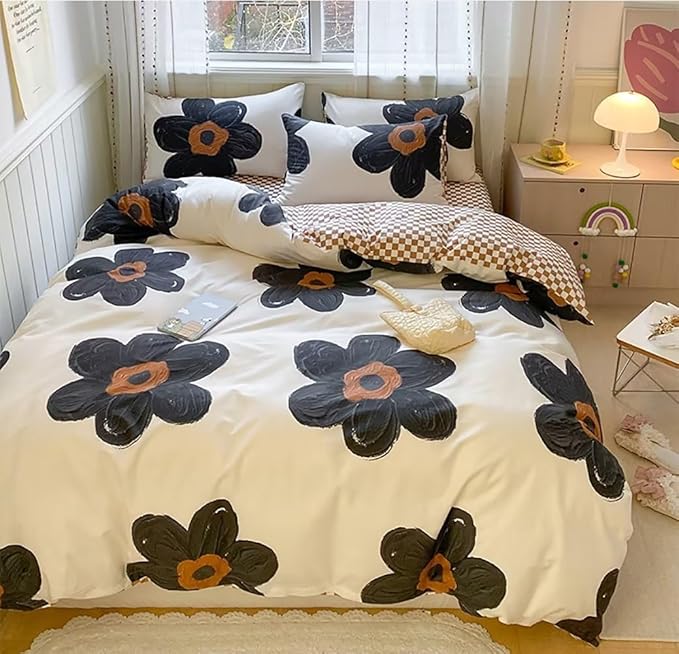 Houseri Black Floral Comforter Set Queen 3D Sunflower Beige White and Black Kawaii Bedding Comforter Queen Size Women Teen Girls Dorm Bedding Soft Flowers Bed Comforter Black Brown Plaid Quilts Queen