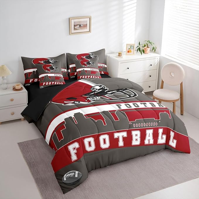 Erosebridal Football City 7 Pcs Comforter Set Queen Football Bedding for Boys Girls Grey Red Rugby Game Sheet Set Bed in A Bag Football Fans Bedroom Decor Sports Ball Team Quilt