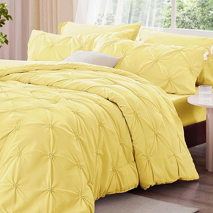 BEDELITE Light Yellow Twin Comforter Set - 2 Peices Boho Pintuck Bedding Comforter Sets, Lightweight Soft & Warm Twin Bedding Sets with 1 Pillowcase for All Season