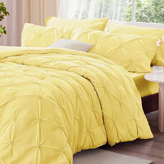 BEDELITE Light Yellow Queen Comforter Set - 3 Pieces Boho Pintuck Bedding Comforter Sets, Lightweight Soft & Warm Bed Comforter Queen with 2 Pillowcases for All Season