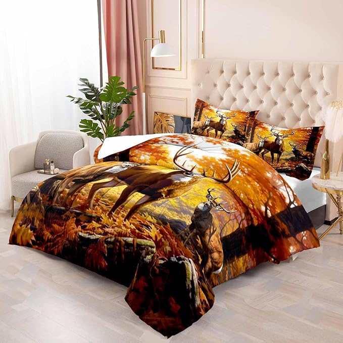 LUVIVIHOME 2PCS Rustic Deer Comforter Set Twin Size, Camo Hunting Bedding, Elk Moose Autumn Woodland Forest Animal Wildlife Hunter Country Lodge Rustic Farmhouse Cabin Bedroom Decor, 1 Pillow Sham