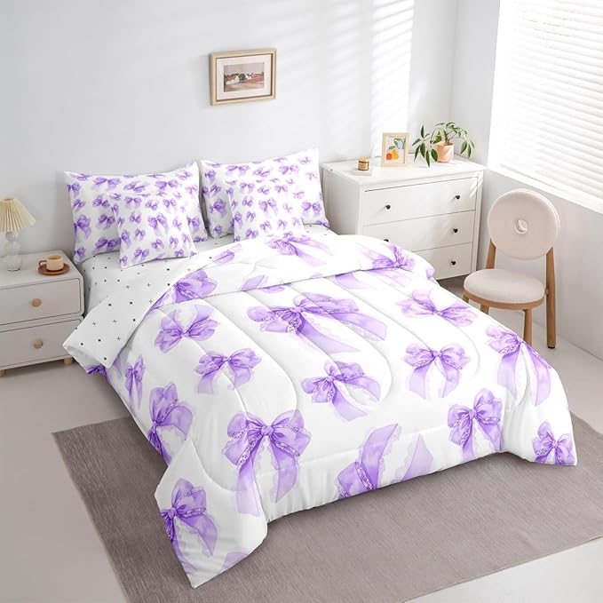 Erosebridal Purple Kids Girls Bowknot Bow King 7-Piece Comforter Set | Lace Princess Sheets and Pillowcases Dreamy Bed in A Bag Kawaii Cute Bed Sets