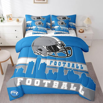 Erosebridal Football City 7 Pcs Comforter Set Twin Football Bedding for Boys Girls Blue Grey Rugby Game Sheet Set Bed in A Bag Football Fans Bedroom Decor Sports Ball Team Bed Set