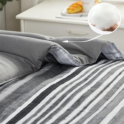 KAKIJUMN 7 Piece Bed in a Bag Stripe Comforter Set King Size, White Grey Black Patchwork Striped Comforter and Sheet Set, All Season Soft Microfiber Complete Bedding Sets(Grey,King)