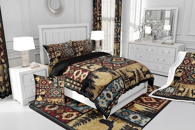 Erosebridal Rustic Bear Comforter Set Twin,Buffalo Plaid Grid Checkered Bedding 2Pcs,Hunting Deer Farmhouse Cabin Decor Quilt,Retro Southwest Aztec Bed Set,Tribal Duvet Insert,Brown Red