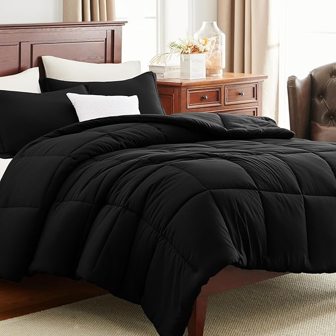 CozyLux Oversized King Comforter Set, 3 Pieces Black 120x98 Box Stitched Design Soft Bedding Set, All Season Lightweight Breathable Bed Set with 1 Down Alternative Comforter and 2 Pillow Shams