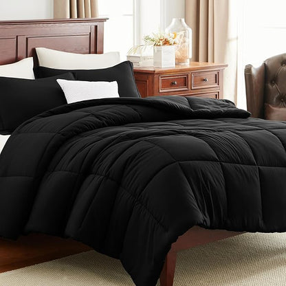 CozyLux Queen Comforter Set Black - 3 Pieces Box Stitched Comforters Queen Size, Soft Bed Set for All Seasons, Lightweight Bedding Sets with 1 Down Alternative Comforter and 2 Pillow Shams