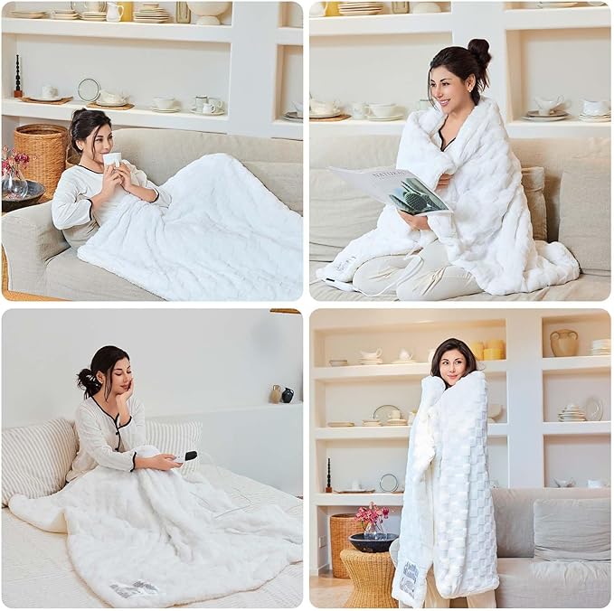 Electric Blanket Dual Control, Heated Blanket Flannel with 6 Heat Levels, 10 Time Settings, Soft Thicken Heating Blanket with ETL Certification (White, 90"X100")