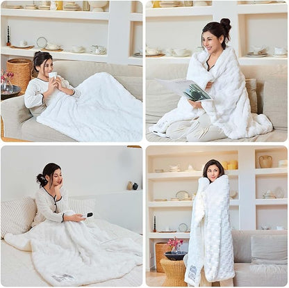 Electric Blanket Dual Control, Heated Blanket Flannel with 6 Heat Levels, 10 Time Settings, Soft Thicken Heating Blanket with ETL Certification (White, 90"X100")
