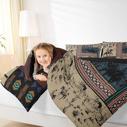 Feelyou Kids Brown Western Aztec Comforter Set Twin Size Horse Bedding Set for Boys Girls Teens Bedroom Decor Wild Cowboy Boho Southwestern Rustic Farmhouse Tribal Duvet Quilt Breathable Soft 2Pcs