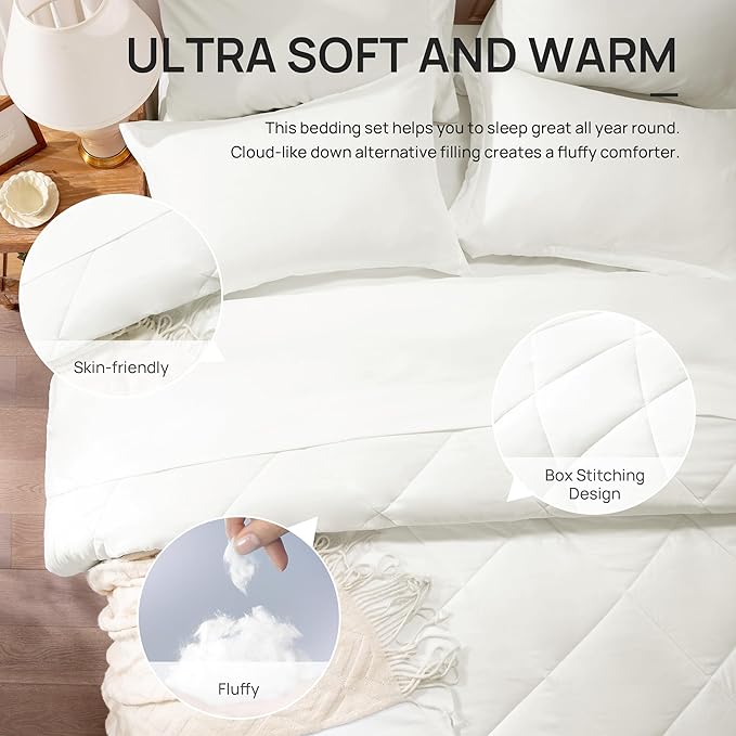 Love's cabin Queen Comforter Set Ivory, 7 Pieces Queen Bed in a Bag, All Season Bedding Sets with 1 Comforter, 1 Flat Sheet, 1 Fitted Sheet, 2 Pillowcase and 2 Pillow Sham
