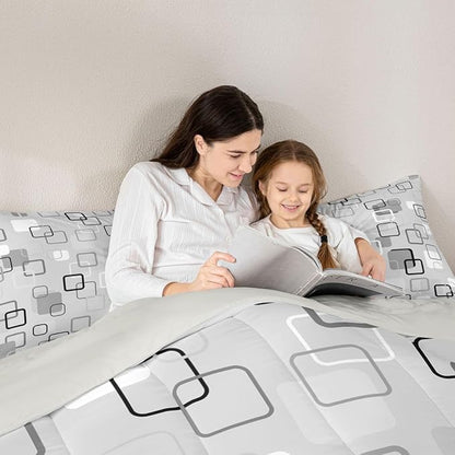 Erosebridal Gray Abstract Squares Bedding Set Full Modern Aesthetic Geometric Comforter Set for Kids Girls Boys Minimalist Striped Down Comforter Boho Neutral Plaid Quilt Duvet