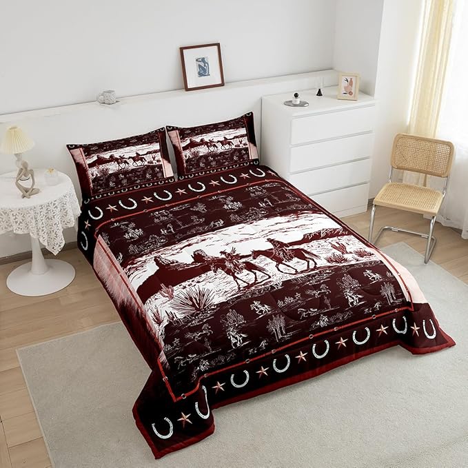Feelyou Western Aztec Comforter Set Toddler Size Horse Cowboy Bedding Set for Boys Men Kids Teens Rustic Western Decor Country Wild West Down Comforter Red Duvet Set with 1 Pillowcase