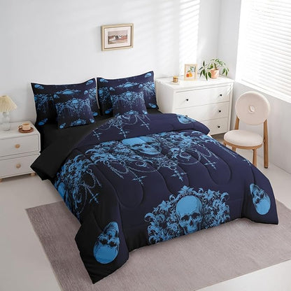 Erosebridal Gothic 7 Piece Comforter Set Full Bed in a Bag,Goth Sugar Skull Bedding Set,Teal Blue Damask Bohemian Vintage Floral Comforter and Sheet Set,Exotic Antique Victorian Baroque Decor