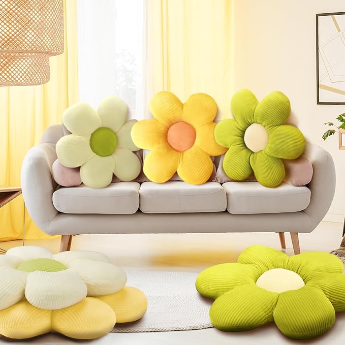 Sratte 3 Pcs Flower Pillows Flower Shaped Throw Pillows Cute Daisy Plush Pillow Decorative Floor Pillow Seat Cushion for Bedroom Home Sofa Chair Couch Decor(Green, Yellow, White,20")