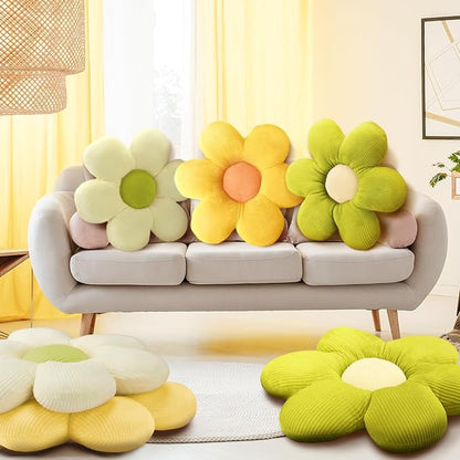 Sratte 3 Pcs Flower Pillows Flower Shaped Throw Pillows Cute Daisy Plush Pillow Decorative Floor Pillow Seat Cushion for Bedroom Home Sofa Chair Couch Decor(Green, Yellow, White,20")