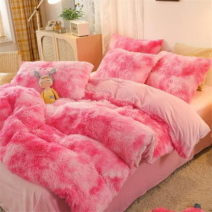 chovy Faux Fur Tie-Dyed Pink White Red Colorful Comforter Sets Queen - 3PC Bed Set Ultra Soft Plush Flannel Velvet Fluffy Fuzzy Bedding（Comforter x 1 Pillowcases x 2）