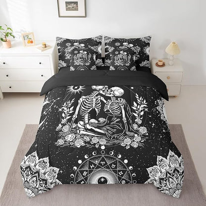 Feelyou Gothic Skull Bed in a Bag with Comforter, Full Size 7Pcs Halloween Themed Bedding Set with Comforter, Women Men Ultra Soft Sugar Skull Comforter Boho Floral Room Decor