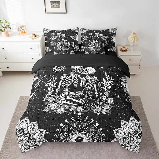 Feelyou Gothic Skull Bed in a Bag with Comforter, King Size 7Pcs Halloween Themed Bedding Set with Comforter, Women Men Ultra Soft Sugar Skull Comforter Boho Floral Room Decor