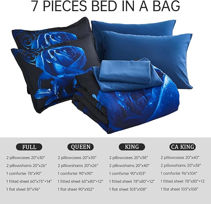 Xruibed Blue Comforter Set Full 7 Piece Bed in a Bag Blue Rose Comforter with Sheet Set Soft Micorfiber Reversible Bedding Set (1 Comforter,2 Pillow Shams,1 Flat Sheet,1 Fitted Sheet,2 Pillowcases)