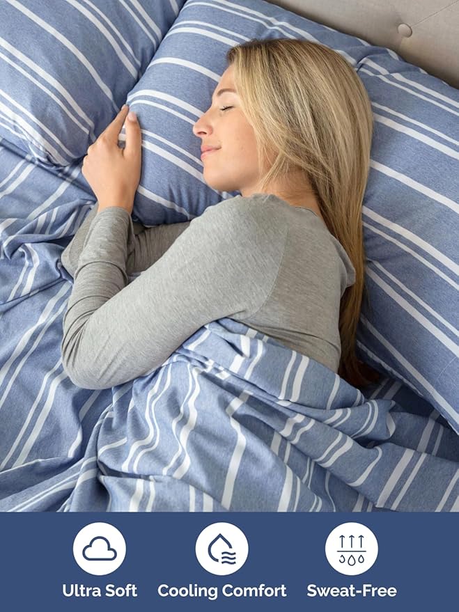 Extra Deep Split King Sheet Set - 7 Piece Breathable and Cooling Sheets - Hotel Luxury Bedding for Women, Men, Kids & Teens - Secure Fit - Soft and Wrinkle Free with Extra Deep Pockets - Blue Stripes
