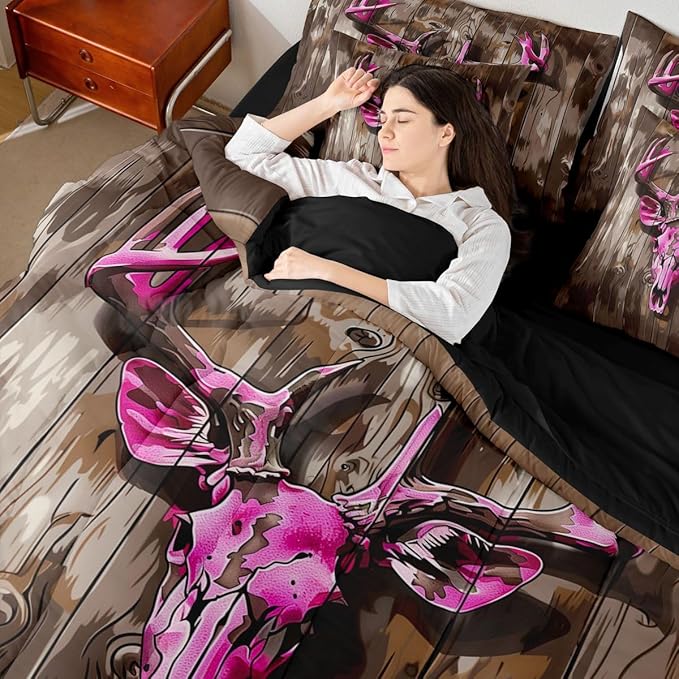 Erosebridal Aztec 7 Piece Bedding Set Queen Deer Skull Comforter Set with Sheets Board Camouflage Farmhouse Hunt Bed in a Bag Hunting Theme Purple Beige for Teens Men Women
