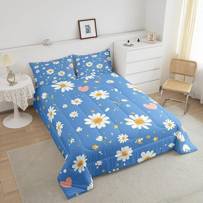 Manfei Cute Daisy Comforter Set King Size, White Flower Floral Bedding Set 3pcs for Kids Boys Girls Bedroom Decor, Botanical Garden Artwork Quilt Set Polyester Duvet Set with 2 Pillowcases