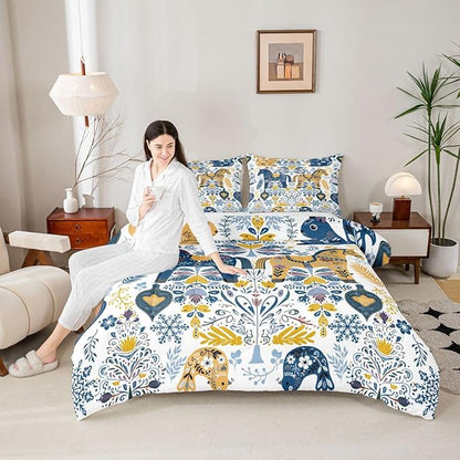 Floral Horse Comforter Set Twin Size,Rustic Squirrel Bird Bedding Sets 2Pcs for Kids Girls Boys Women Room Decor,Boho Flower Leaves Duvet Insert Scandinavian Style Down Comforter,1 Pillowcase