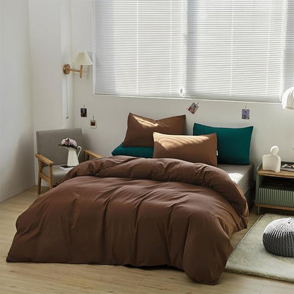KAREVER Brown 3Pcs Bedding Set (Twin) - Chestnut Brown Comforter, Solid Pattern, All Season, Cotton Surface, Lightweight, Fade-Resistant, Machine Washable
