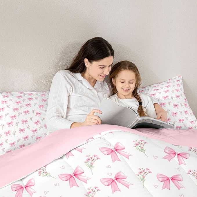 Feelyou Pink Bow Kids Comforter Set Queen Size Pink Floral Bedding Set Princess Decor Bowknot Duvet Quilt for Kids Boys Girls Bedroom Garden Flower Decor Microfiber Ultra Soft Breathable