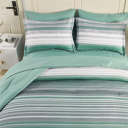 KAKIJUMN 7 Piece Bed in a Bag Stripe Comforter Set Full Size, White Grey Sage Green Patchwork Striped Comforter and Sheet Set, All Season Soft Microfiber Complete Bedding Set(Green,Full)