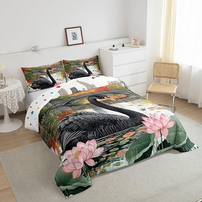 Manfei Black Swan Kids Twin Comforter Sets,Wild Birds Pond Reversible Bedding Set for KidsChildren,Watercolor Lotus Flowers Leaves 2 Pieces Quilt Sets,Modern City Landscape Duvet Insert,1 Pillow Case
