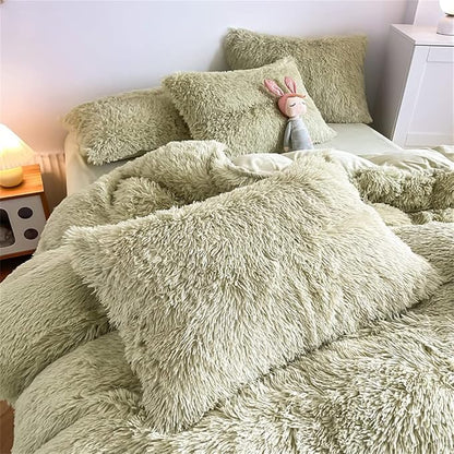 chovy Faux Fur Plush Light Green Comforter Sets King - Ultra Soft Shaggy Flannel Velvet Fluffy Fuzzy 3PC Bedding Set （Comforter x 1 Pillowcases x 2）