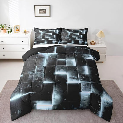 Erosebridal Black and Greyish White Comforter Set Queen Modern Abstract Queen Bedding 3D Glowing Plaid Bedding Comforter Sets Gradient Grid Duvet Neon Square Quilted Comforter 3pcs (Black Reversible)