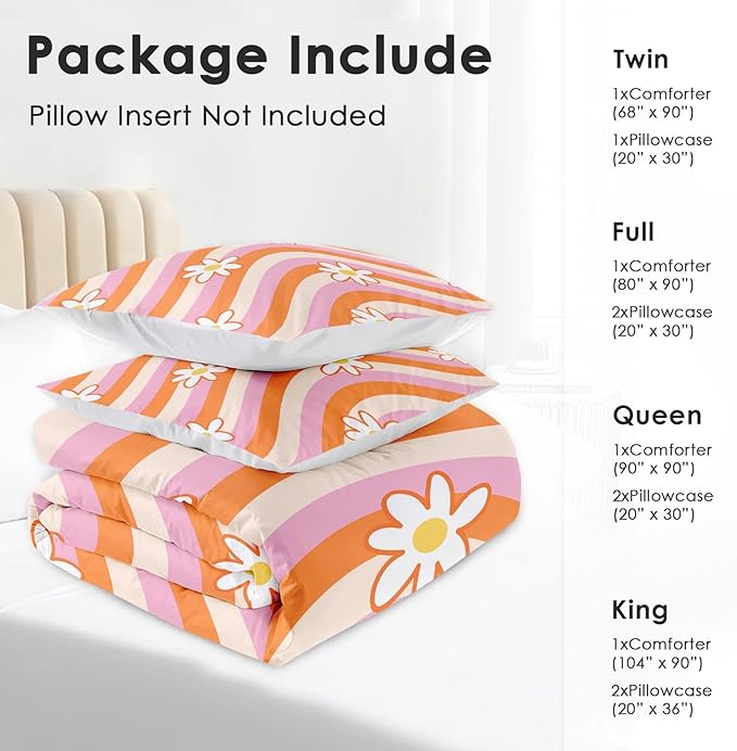 Comforter Set Queen Size, Daisy Retro Orange Soft 3 Pcs Bedding for Kids and Adults, Pink Hippie Aesthetic Comforter Set with 2 Pillowcases, for Bedroom Bed Decor
