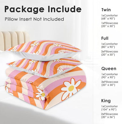 Comforter Set Twin Size, Daisy Retro Orange Soft 2 Pcs Bedding for Kids and Adults, Pink Hippie Aesthetic Comforter Set with Pillowcase, for Bedroom Bed Decor