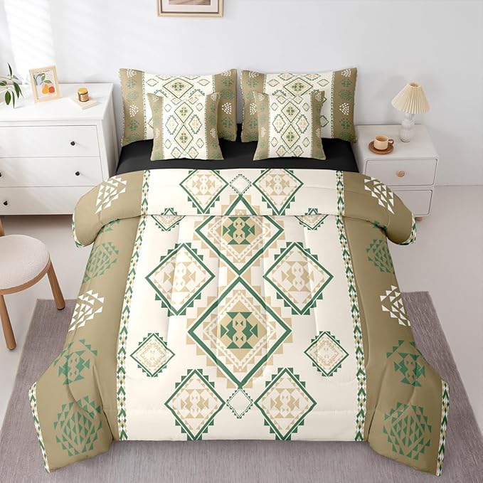 Erosebridal 7 Piece Western Tribal Full Comforter Set with Sheets Exotic Aztec Bed in A Bag Southwestern Native American Bedding Sets for Women Adults Boho Geometric Diamond Art Bed Set