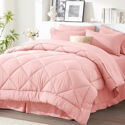 Newspin Twin Comforter Set Pink - Bed in a Bag Twin Size 6 Pieces, All Season Bed Set, Fluffy Comforter Set with Sheets, Sheet Set Quilt Blanket, Pillowcases & Shams & Bed Skirt