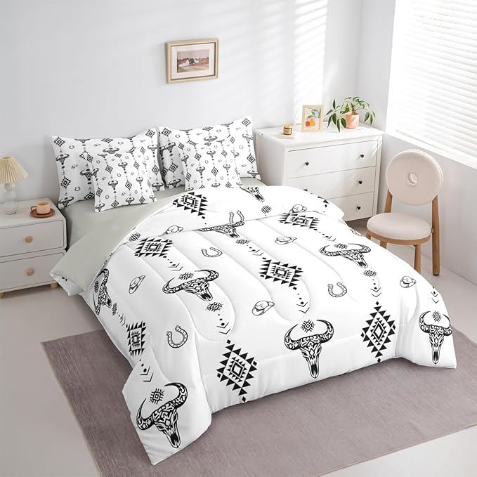 Erosebridal Bull Skull 7 Piece Bedding Set Twin Boho Comforter Set with Sheets Aztec Horseshoe Arrow Southwest Geometric Bed in a Bag Cowboy Hat Dot Western White for Teens Men Women