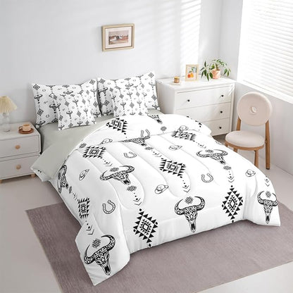 Erosebridal Bull Skull 7 Piece Bedding Set Twin Boho Comforter Set with Sheets Aztec Horseshoe Arrow Southwest Geometric Bed in a Bag Cowboy Hat Dot Western White for Teens Men Women