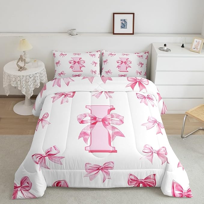 Erosebridal Initial Letter I Comforter Set for Kids,Dreamy Princess Bow Girls Queen Bedding Set Cute Kawaii Bowknot Bedding Comforter Sets Girly Lovely Letter Bow Bed Set with 2 Pillow Cases