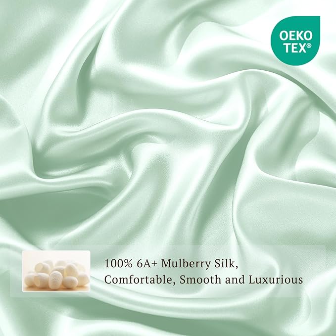 THXSILK 6A+ Top Grade 100% Pure Mulberry Silk Queen Fitted Sheet 3Pcs Set Bed Sheets Luxury Bedding for Hair and Skin Health Oeko-TEX Certified Safety, 1 Fitted Sheet with 2 Pillowcases, Turquoise