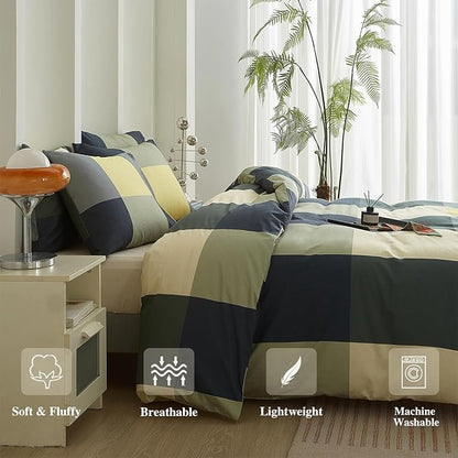 mixinni Queen Comforter Set Men Boys Geometric Checkered Plaid Pattern Bedding Comforter for All Season Soft Lightweight Bedding Set-(Queen Size, Green,Yellow,Khaki)