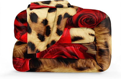 MOVE OVER Leopard Comforter Set California King Red Rose Flower Bedding Set 4 Pieces Cheetah and Rose Flower Printed Design Romantic Comforter Set for Women and Female Leopard Printed Bedding Set