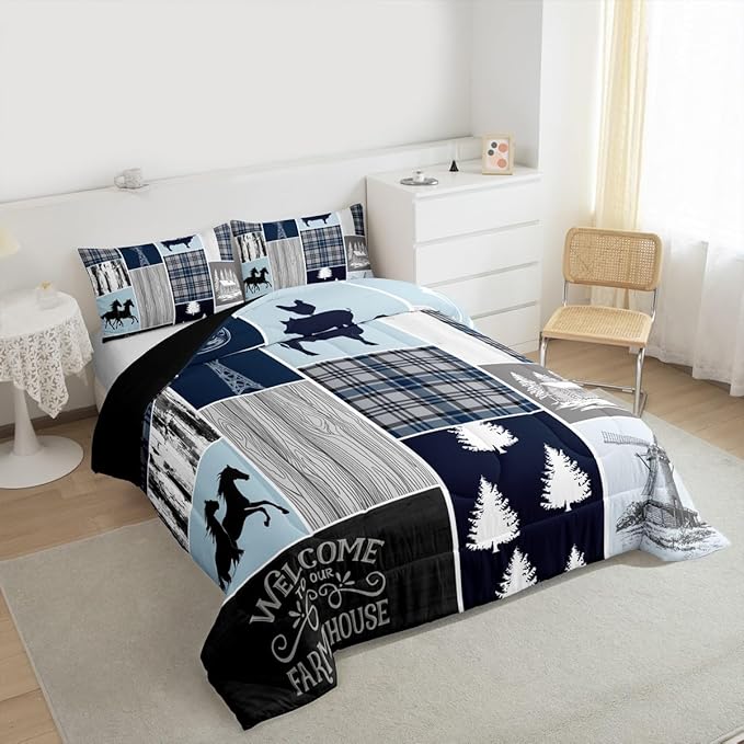 Erosebridal Farmhouse Horse Quilt, Rustic Windmill Comforter Set Queen Lodge Cabin Patchwork Bedding Set for Kids Teens Adult, Farm Animal Cowboys Horseshoe Down Comforter, 2 Pillow Cases, Grey Blue