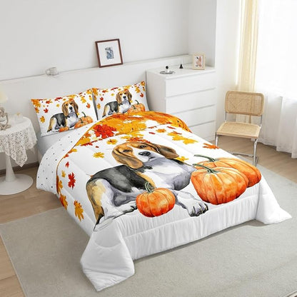 Fall Pumpkin Comforter Set Retro Watercolor Sausage Dog Quilted Duvet Full Thanksgiving Harvest Seasonal Bedding Set For Kids Boys Girls,Happy Fall Maple Leaf Soft Lightweight Comforter Orange 3 Pcs
